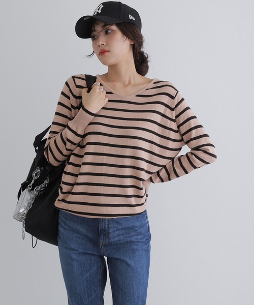 【RASHOMONG】Vネック ダメージ ボーダーニット / unisex ElegChic ニット セーター Vネックボーダーニット レディース