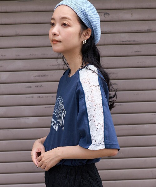 レースドッキングトップス(ネイビー) FREAK'S STORE（フリークスストア） tシャツ レースドッキング ロゴT