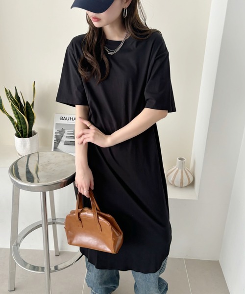 TREOVER ワンピース 半袖 裾ラウンド・サイドスリット Tシャツ