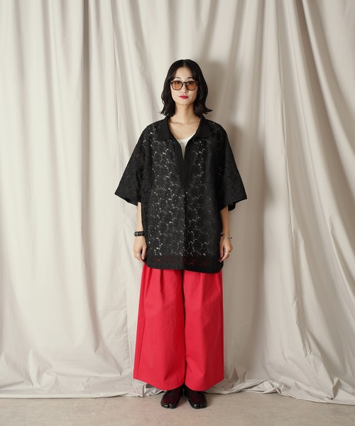 Aphlotus ブラック シャツ L バンドカラー サイドスリットデザイン LS ロング オフィサー