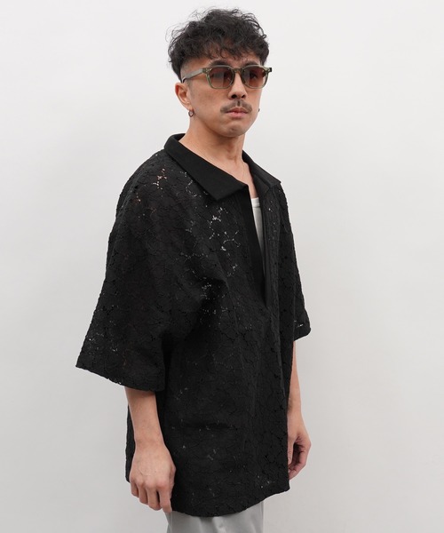 Aphlotus ポロシャツ 半袖 コードラッセルレース スキッパーポロシャツ