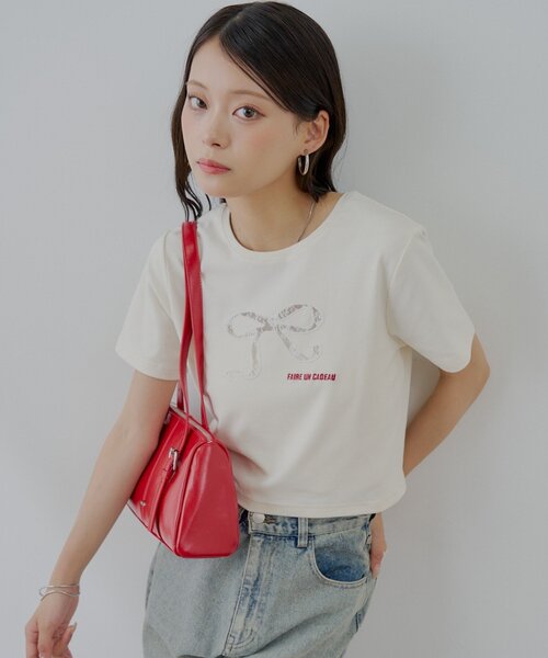 【RoseFrantz】Lace Ribbon T-shirt レース リボン Tシャツ レースリボンプリントクロップドTシャツ – 100StarS