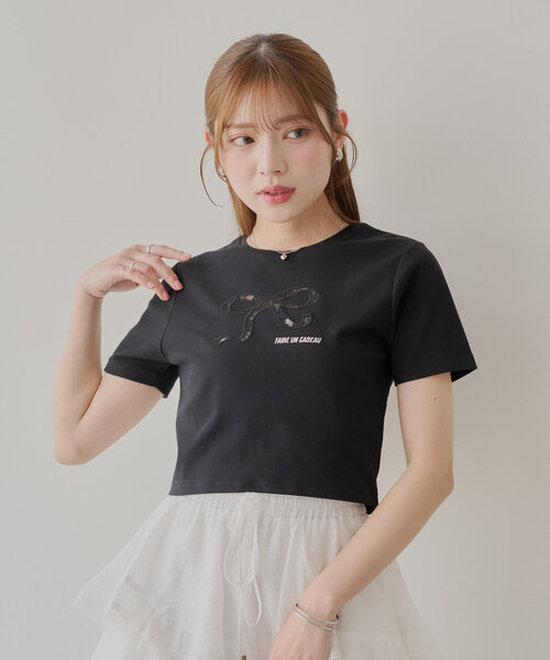 tシャツ レース付きリボン刺繍Tシャツ レディース Loueme tシャツ リボン刺繍レーストリムトップス レディース