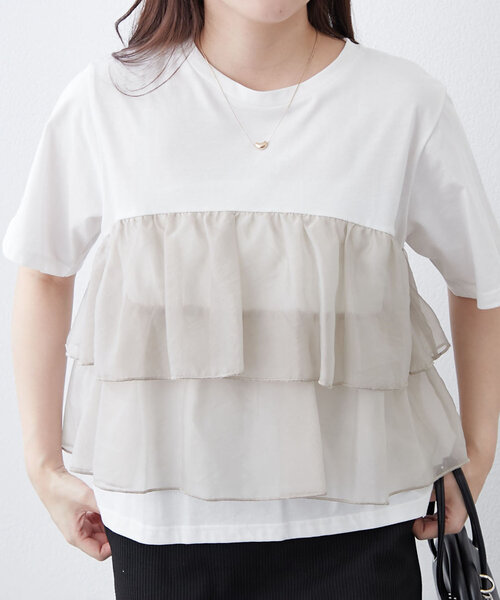 tシャツ オーガンジードッキングティアード半袖トップス レディース Remind me and forever tシャツ オーガンジードッキング半袖T
