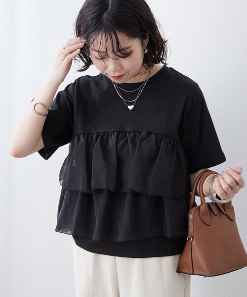 tシャツ オーガンジードッキングティアード半袖トップス レディース Remind me and forever tシャツ オーガンジードッキング半袖T