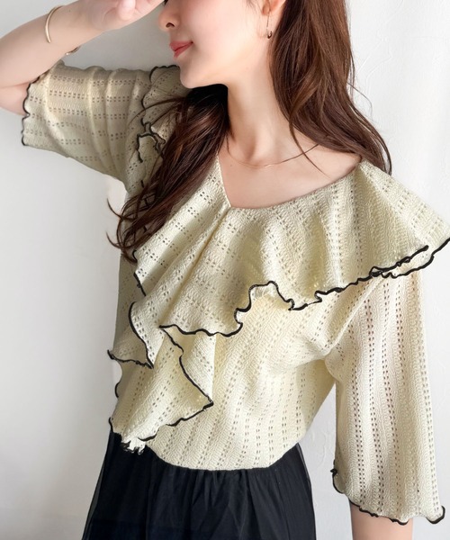 美品★ラッフル Tシャツ カットソー ブラック 36 ラッフルショルダーコットンTシャツ | Ruffle shoulder tee