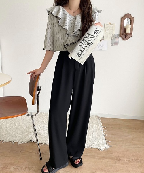 美品★ラッフル Tシャツ カットソー ブラック 36 ラッフルショルダーコットンTシャツ | Ruffle shoulder tee