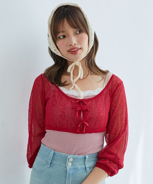 【新品】cccmalieシーマリーカシミアリボンニットベスト完売RED リボン付キャンディスリーブニットプルオーバー/MAJESTIC LEGON