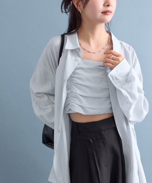 ブラウス シャツ 「着こなし豊富」チェックビスチェSETビッグシャツ レディース mystic ブラウス シャツ チェックビスチェSETビッグシャツ