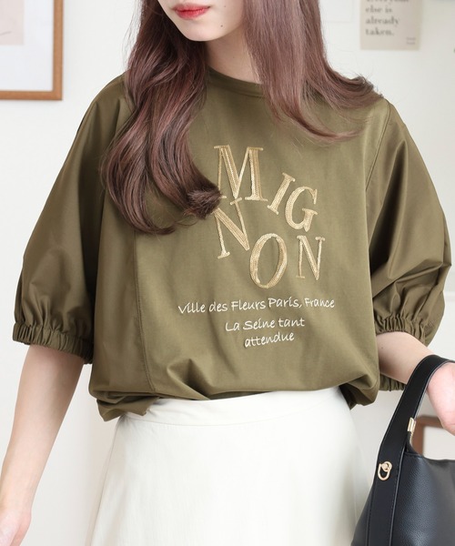 tシャツ A.N.L スパンコールロゴ素材切り替えカットソー レディース