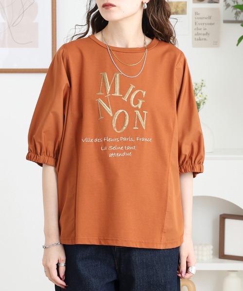 tシャツ A.N.L スパンコールロゴ素材切り替えカットソー レディース