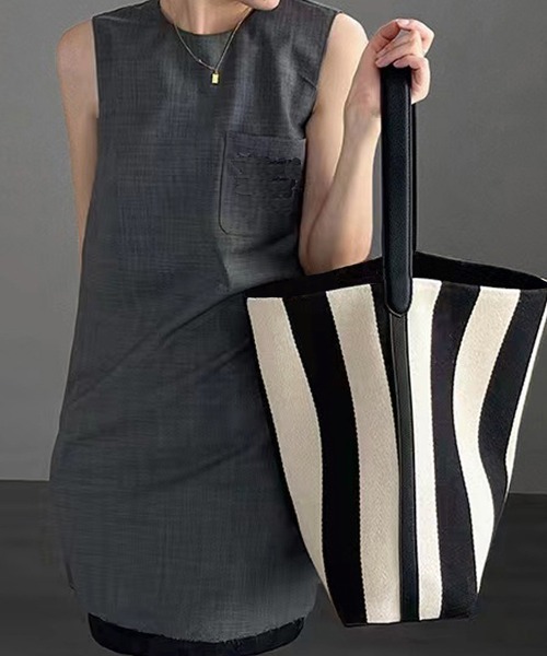 黒 ストライプデザイン トートバッグ トートバッグ ストライプ柄トートバッグ（ミニバッグ付きの2点セット