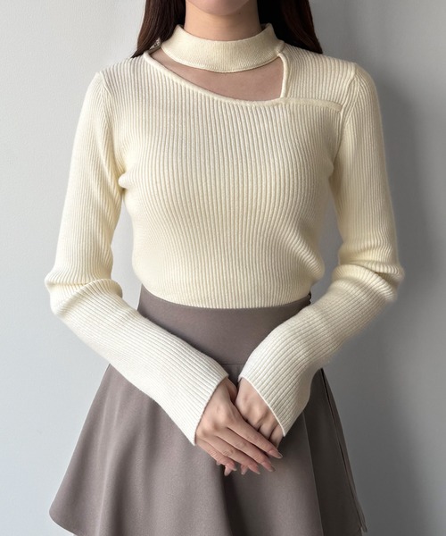 mipiarl ニット セーター アシンメトリーカットワークネックリブニット