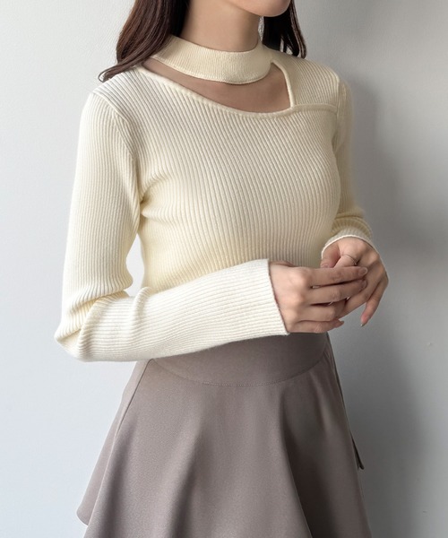 mipiarl ニット セーター アシンメトリーカットワークネックリブニット
