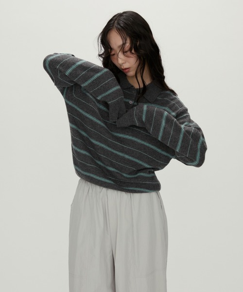 NUJOH ニット セーター Modern Stripe Knit Polo / モダンストライプ