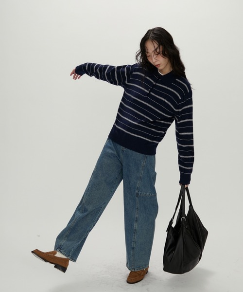 NUJOH ニット セーター Modern Stripe Knit Polo / モダンストライプ