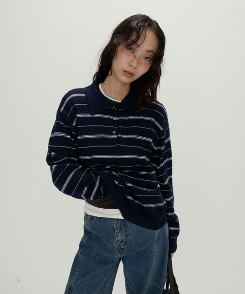 NUJOH ニット セーター Modern Stripe Knit Polo / モダンストライプ