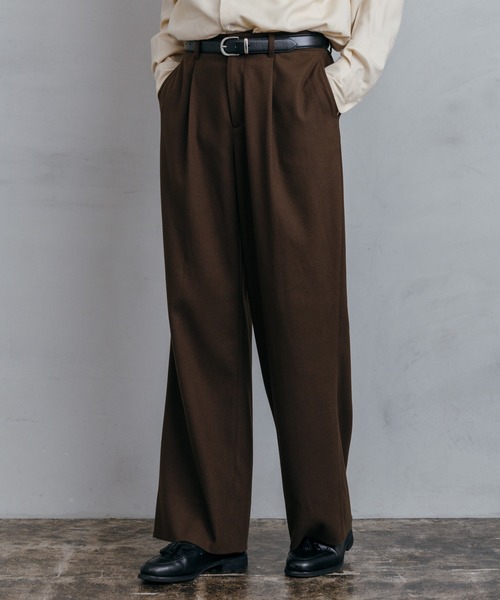 LURAKU スラックス 「LURAKU」Wool-like One-tuck Straight Slacks