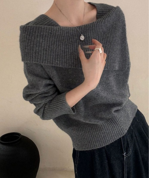 ニット セーター アシンメトリー ネック デザイン プルオーバー
