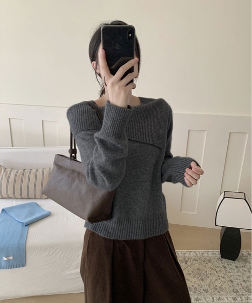 ニット セーター アシンメトリー ネック デザイン プルオーバー