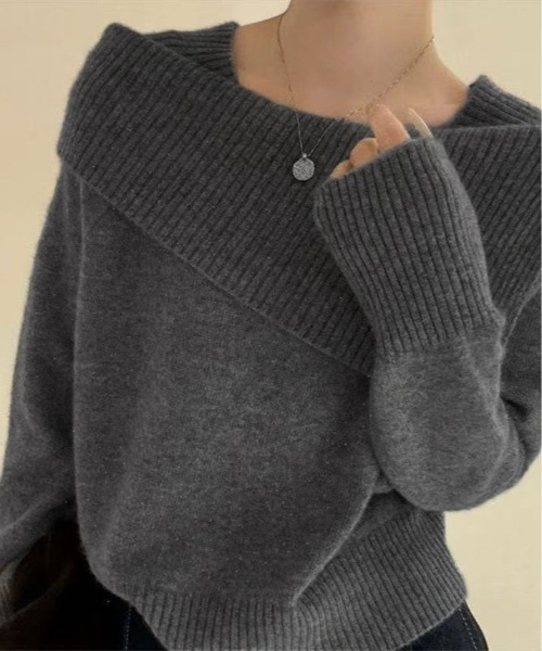 ニット セーター アシンメトリー ネック デザイン プルオーバー