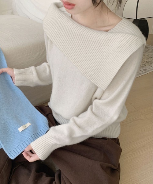 ニット セーター アシンメトリー ネック デザイン プルオーバー