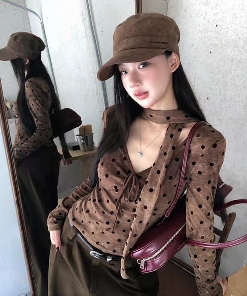 AsheKsha tシャツ ドット柄のネックストラップ付き長袖トップス