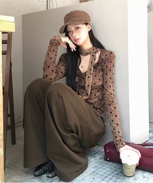 AsheKsha tシャツ ドット柄のネックストラップ付き長袖トップス