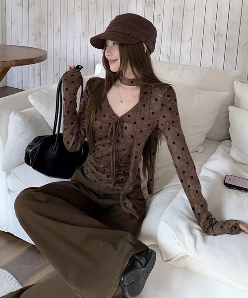AsheKsha tシャツ ドット柄のネックストラップ付き長袖トップス