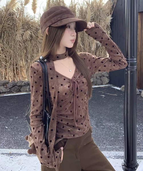 AsheKsha tシャツ ドット柄のネックストラップ付き長袖トップス