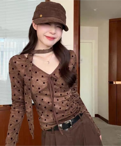 AsheKsha tシャツ ドット柄のネックストラップ付き長袖トップス