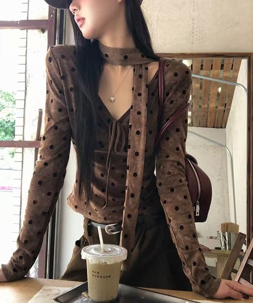 AsheKsha tシャツ ドット柄のネックストラップ付き長袖トップス