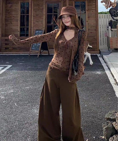 AsheKsha tシャツ ドット柄のネックストラップ付き長袖トップス