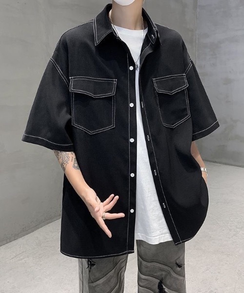 シャツ 「UNISEX」ダブルフラップステッチ半袖シャツ メンズ