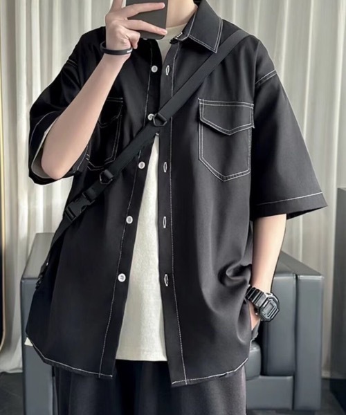 シャツ 「UNISEX」ダブルフラップステッチ半袖シャツ メンズ