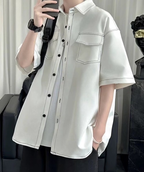 シャツ 「UNISEX」ダブルフラップステッチ半袖シャツ メンズ