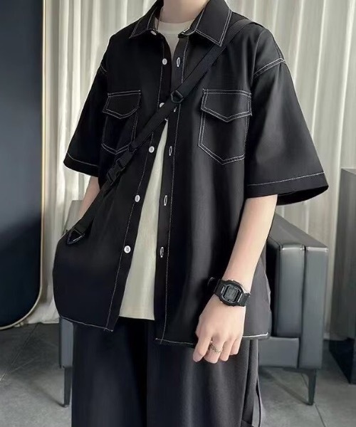 シャツ 「UNISEX」ダブルフラップステッチ半袖シャツ メンズ