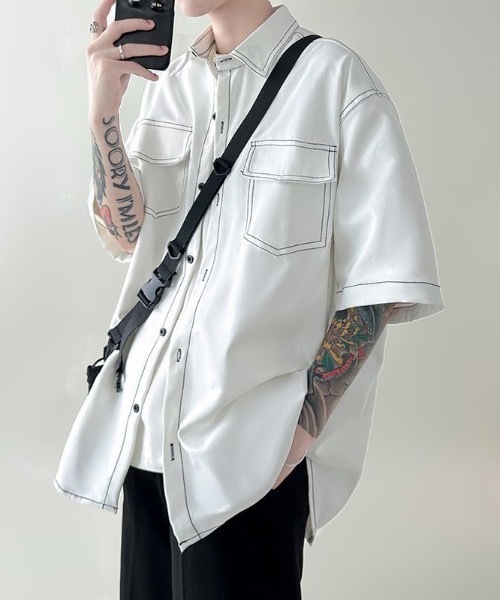 FR2GOLF ジップアップシャツ 半袖 ブラック/ホワイト シャツ 「UNISEX」ダブルフラップステッチ半袖シャツ メンズ