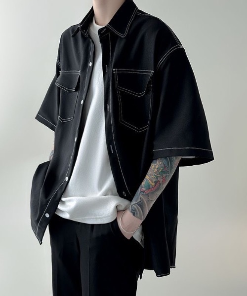 シャツ 「UNISEX」ダブルフラップステッチ半袖シャツ メンズ