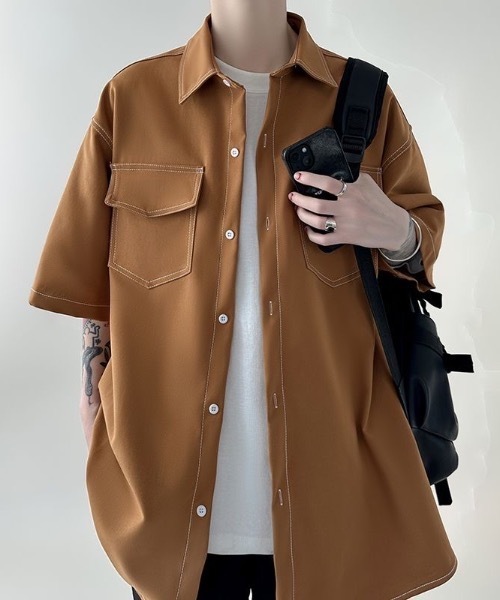 シャツ 半袖 「UNISEX」ダブルフラップステッチ半袖シャツ メンズ