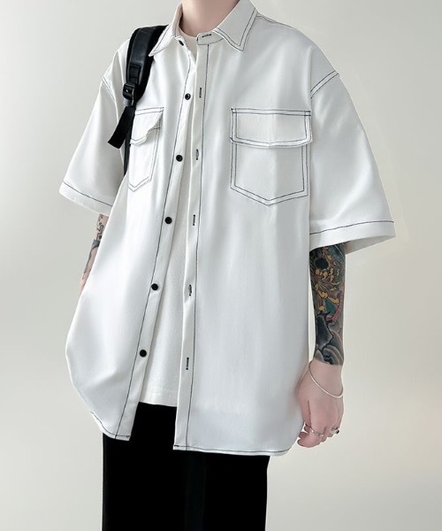 シャツ 「UNISEX」ダブルフラップステッチ半袖シャツ メンズ