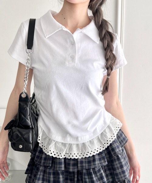 Loueme ポロシャツ ポロ 裾レースフリルポロシャツ レディース