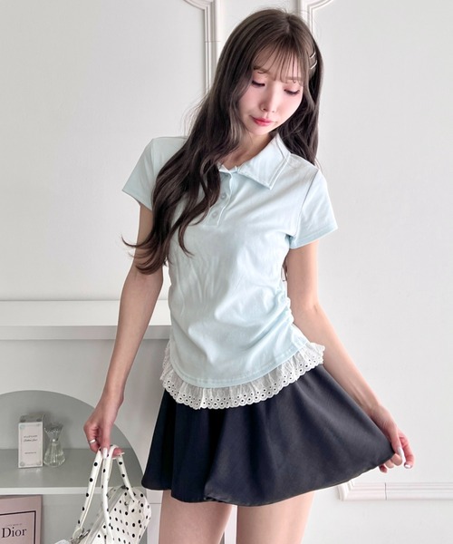 Loueme ポロシャツ ポロ 裾レースフリルポロシャツ レディース