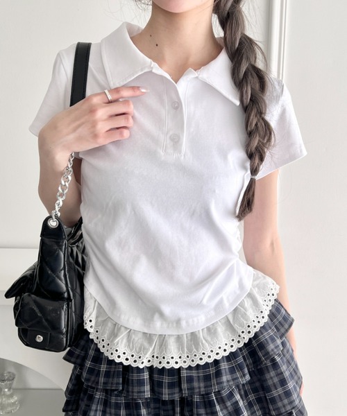 Loueme ポロシャツ ポロ 裾レースフリルポロシャツ レディース