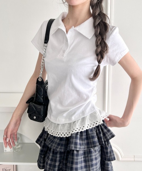 Loueme ポロシャツ ポロ 裾レースフリルポロシャツ レディース