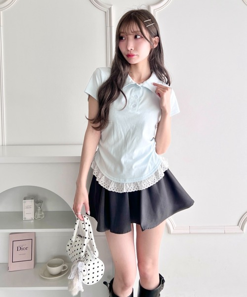 Loueme ポロシャツ ポロ 裾レースフリルポロシャツ レディース