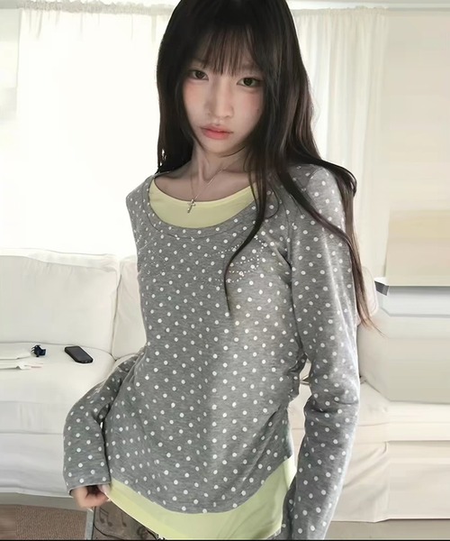 NOBLE♡水玉カットソー AsheKsha tシャツ 長袖の水玉柄トップス レディース : ZOZOTOWN Yahoo