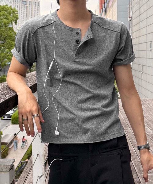 ヘンリーネック tシャツ Slant line cut-off henly tee / スラント