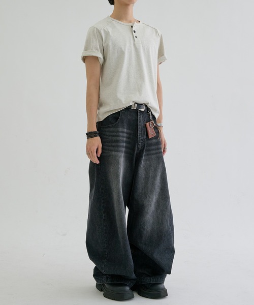 ヘンリーネック tシャツ Slant line cut-off henly tee / スラント