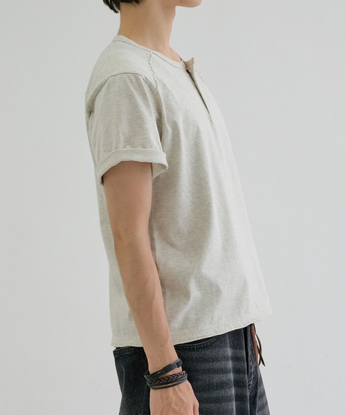 ヘンリーネック tシャツ Slant line cut-off henly tee / スラント